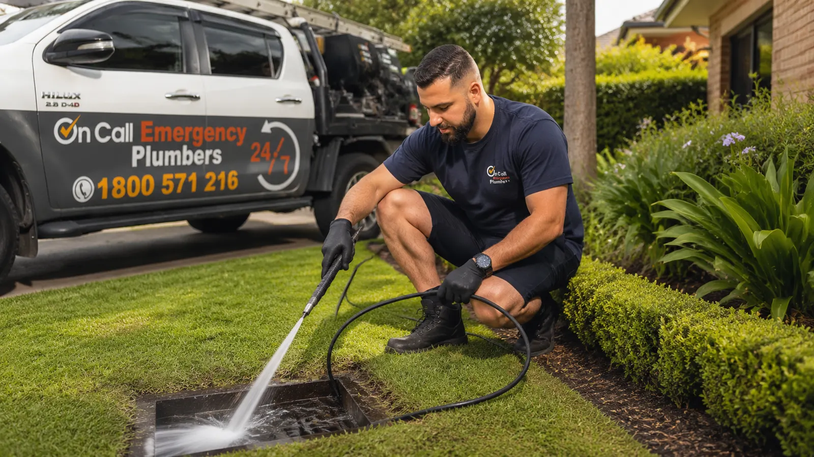 Plumber clearing an outdoor household drain