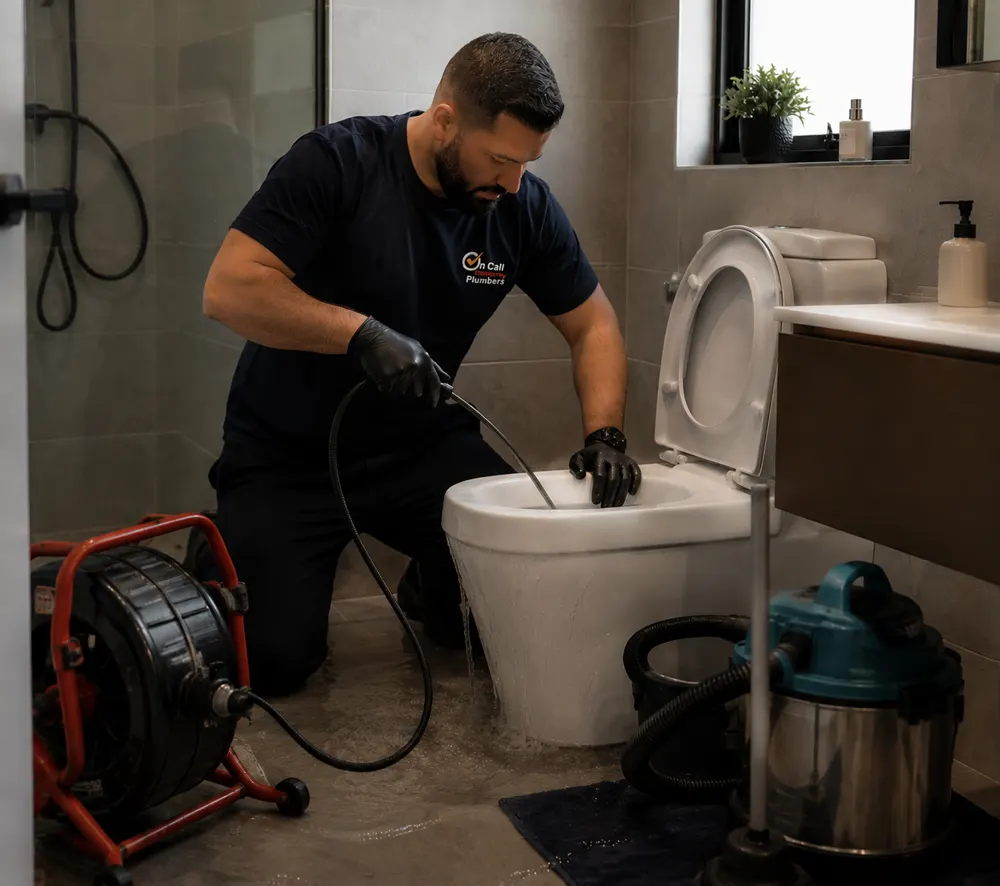 Plumber attending an overflowing toilet blockage