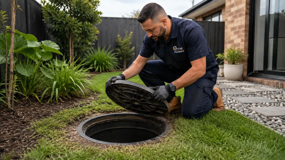 Technician accessing an outdoor drain for camera inspection