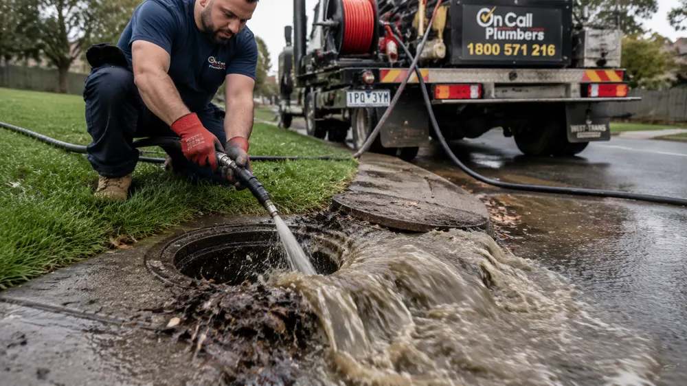 High-pressure water jet cleaning an outdoor drain