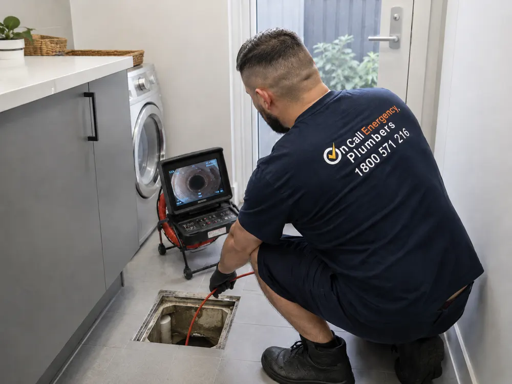 Technician inserting a camera into an indoor floor drain