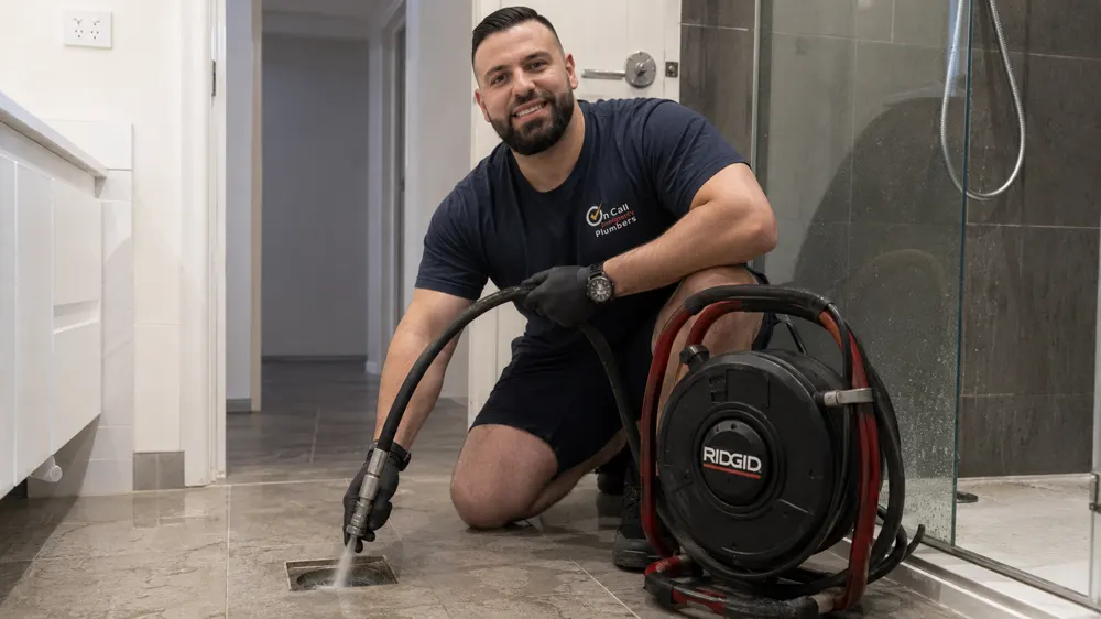 Indoor drain being cleared with professional equipment