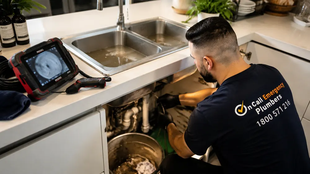 Plumber working on a blocked kitchen drain