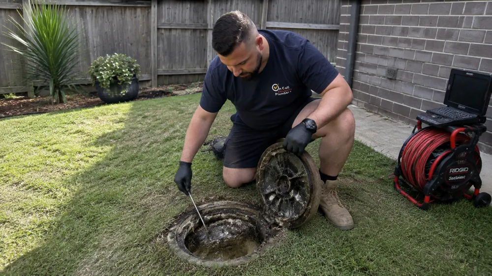 Technician inspecting an outdoor sewer access point