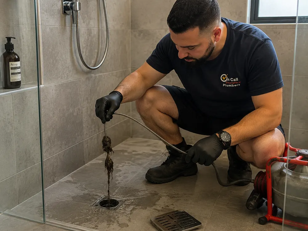 Technician clearing a blocked shower drain