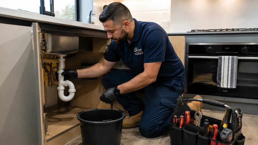 Plumber checking plumbing under a kitchen sink